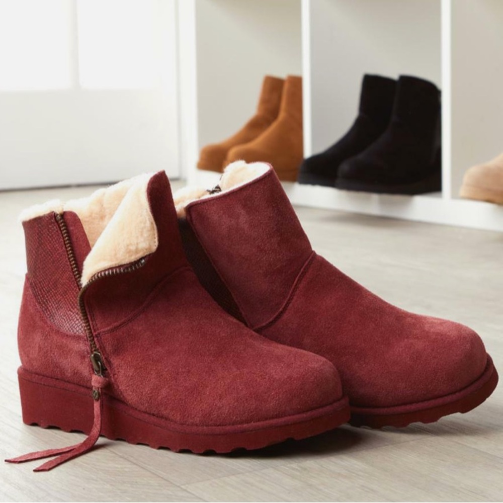 NWT BEARPAW MEGAN BEET SUEDE SHEEPSKIN WEDGE ANKLE BOOTS WATER REPELLENT SIZE 12 - Picture 9 of 15